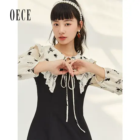 【买1送1】Oece复古碎花连衣裙早秋女装撞色假两件裙子气质淑女裙图片