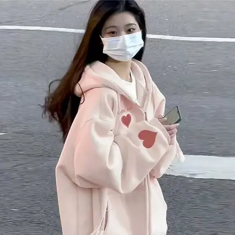 oversize卫衣女2023新款秋冬季小个子慵懒风连帽加绒加厚开衫外套商品大图