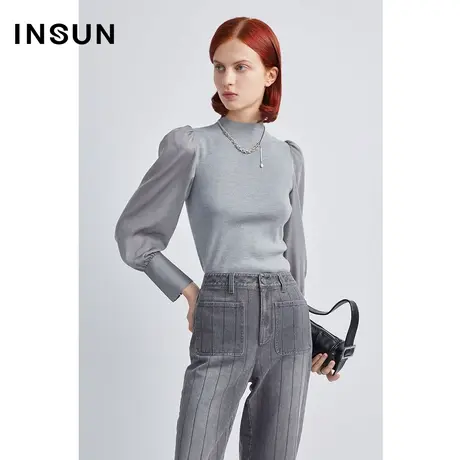 恩裳商场同款秋季时尚拼接透纱灯笼袖修身半高领羊毛针织衫女商品大图