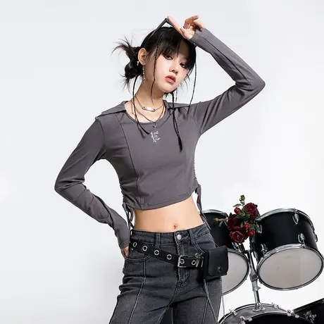 辣妹修身显瘦短款长袖t恤女ins潮牌设计感小众抽绳褶皱内搭打底衫商品大图