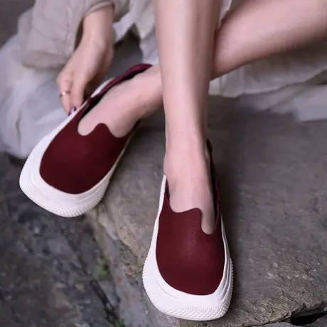 Artmu阿木原创复古真皮丑萌方头休闲鞋平底板鞋一脚蹬潮鞋新款商品大图