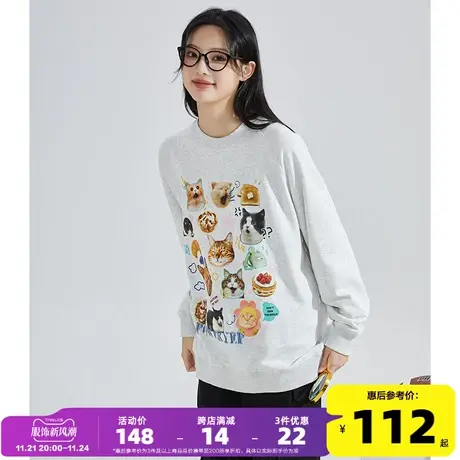 唐狮2024春季新款YEP联名猫咪趣味印花套头美式风休闲宽松女卫衣G图片