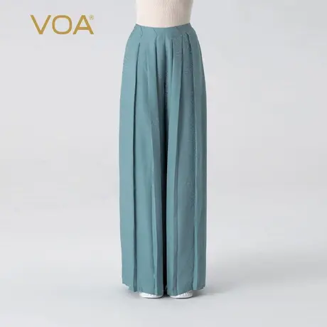 VOA桑蚕丝暗纹提花水蓝色自然腰口袋褶皱宽松直筒真丝阔腿裤女商品大图