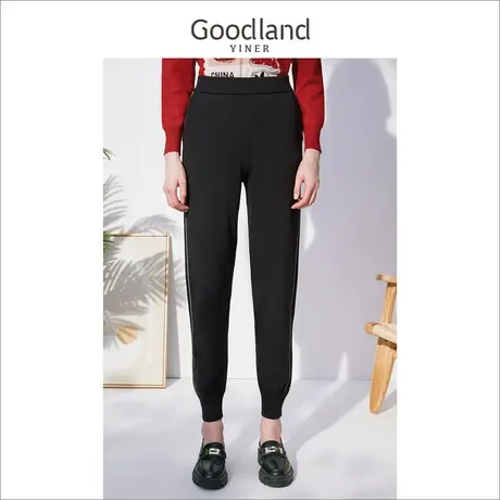 Goodland美地女装冬季高腰束脚裤显瘦九分针织休闲裤商品大图