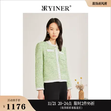 YINER音儿专选女装冬季时尚小香风粗花呢保暖羽绒服外套商品大图