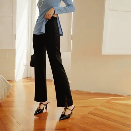 桔熊秋冬季通勤时髦高腰炼包裤脚开衩宽松长裤子女装大码BA6977商品大图