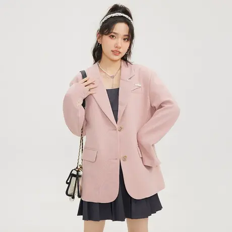 尔给oversize西装外套女2023新款设计感早秋西装新款粉色西服图片