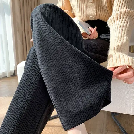 雪尼尔阔腿裤女高腰垂感春秋提花针织裤女休闲直筒灯芯绒黑色裤子商品大图