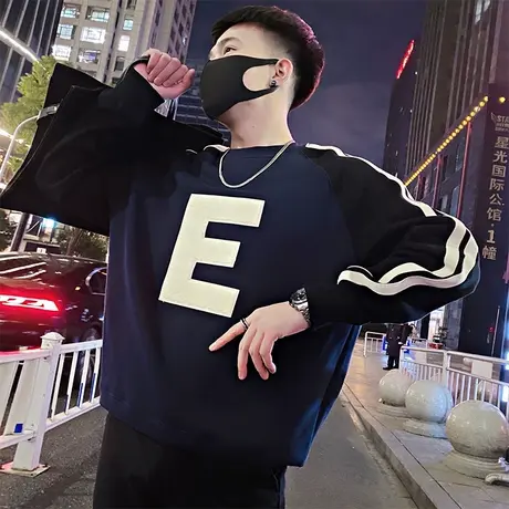 春秋季卫衣男潮牌ins撞色上衣2023新款男装长袖T恤痞帅条纹外套潮商品大图