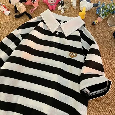 条纹polo衫短袖男夏季新款休闲风cityboy翻领重磅贴标t恤宽松上衣商品大图