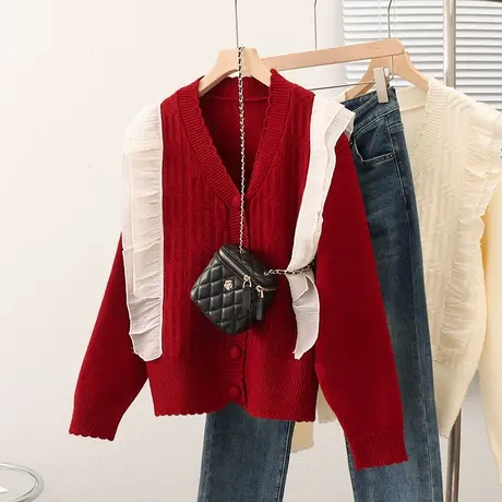 2023秋装新款韩版宽松女士毛衣开衫外套宽松针织衫百搭V领长袖女商品大图