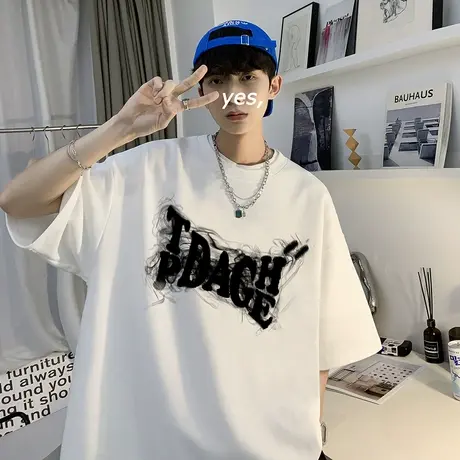 美式高街320g重磅t恤男夏季纯棉情侣装短袖潮牌潮流小领口七分袖t图片