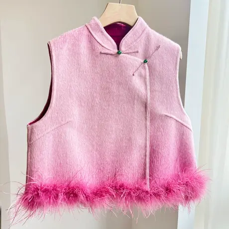 素飞新中式马甲双面羊毛上衣拼接毛领短款背心秋冬呢料T60059商品大图