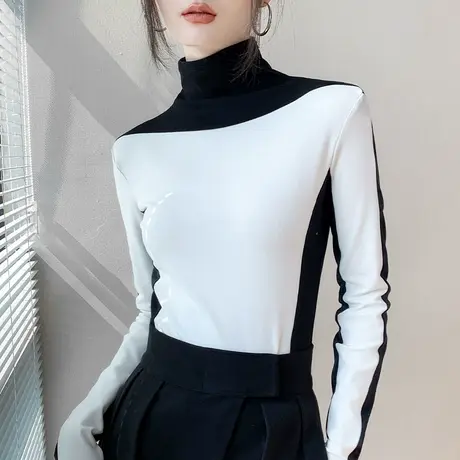 歌倍尚高领撞色磨毛长袖打底衫女秋冬新品设计感加绒修身T恤上衣商品大图