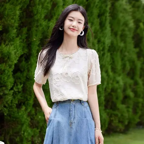 时尚气质短袖圆领衬衫2023年夏季新款淑女温柔甜美显瘦通勤上衣商品大图