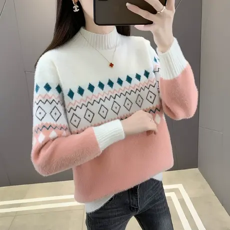 水貂绒半高领拼色加厚保暖毛衣女冬季内搭针织打底衫2023新款宽松商品大图