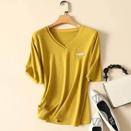 清仓！V领打底衫女春装2023新款百搭宽松五分袖针织衫毛衣女上衣商品大图