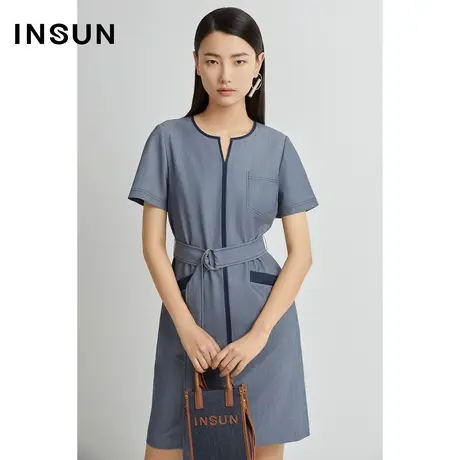 INSUN恩裳线上专选夏季撞色口袋仿牛仔H型连衣裙图片