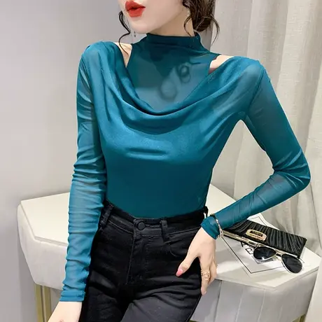欧货网纱长袖T恤女装性感露肩挂脖上衣气质百搭半高领打底衫春秋商品大图