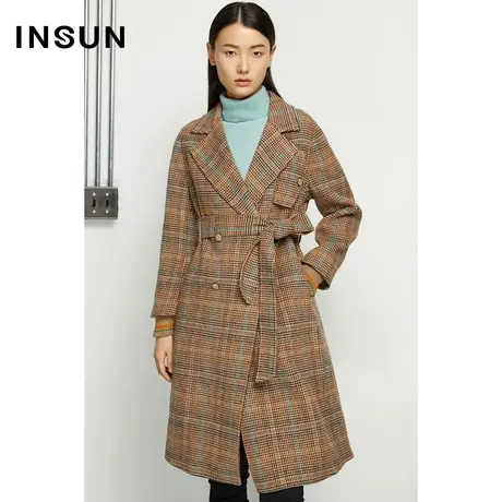 INSUN恩裳奥莱冬季千鸟格双排扣束腰毛呢外套中长款商品大图