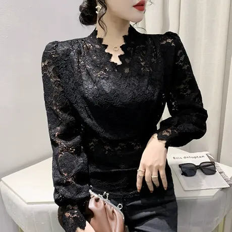 性感V领蕾丝衫女春秋2024年新款气质百搭打底衫修身显瘦长袖T恤女图片