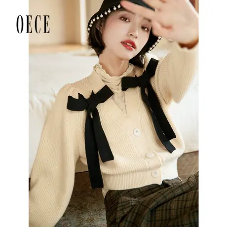 Oece设计感开衫外套秋冬季新款女装复古针织衫气质毛衣商品大图