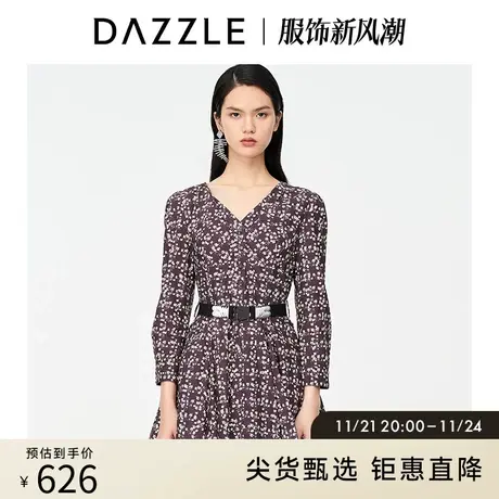 DAZZLE地素奥莱 收腰显瘦印花伞摆V领连衣裙2D2O5026A图片