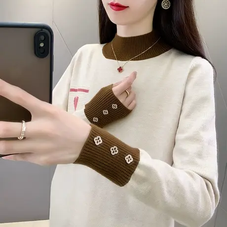 秋冬2023新款半高领毛衣打底衫女士拼色宽松洋气针织衫内搭百搭商品大图