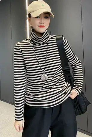 高领长袖打底衫女条纹时尚T恤卫衣2023秋冬季宽松显瘦上衣ins潮款商品大图
