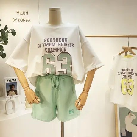 韩国东大门套装夏季新款字母运动休闲跑步T恤短裤两件套健身宽松图片