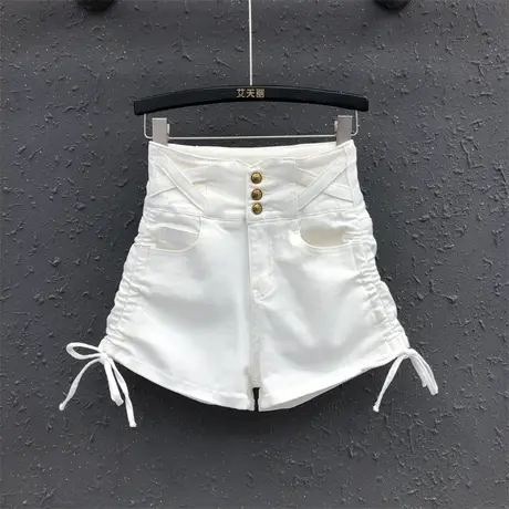 时尚气质绑带牛仔短裤欧货女夏天新款显瘦韩版排扣高腰a字阔腿裤商品大图