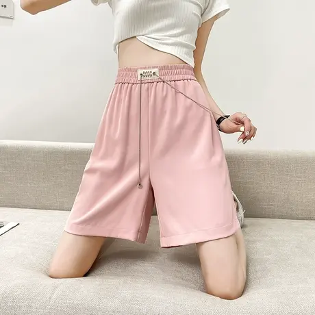 粉色西装短裤女2023夏季薄款高腰a字宽松显瘦休闲冰丝阔腿五分裤图片