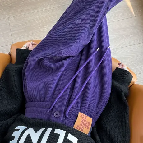 紫色雪尼尔裤子女秋冬季加厚加绒束脚休闲裤灯芯绒运动裤条绒女裤商品大图