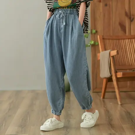 dza 高腰显瘦牛仔裤女2023夏九分直筒裤全棉休闲裤宽松百搭哈伦裤图片