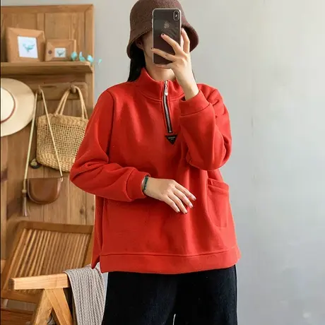 dza 复古休闲拉链高领加绒卫衣女士秋冬新款宽松开叉口袋长袖上衣商品大图