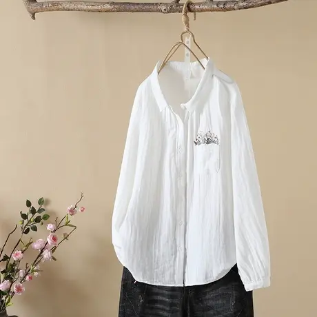 白色长袖衬衫女2023年秋季韩版双层棉纱刺绣上衣外套打底休闲衬衣图片