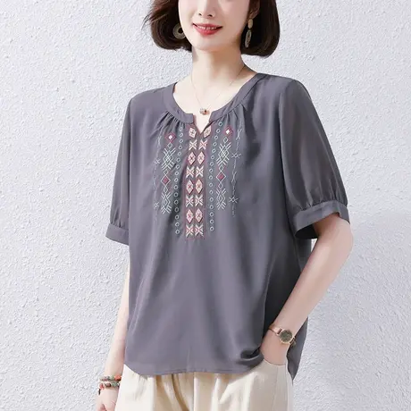 中年妈妈加大码短袖T恤女夏季新款宽松休闲减龄百搭显瘦雪纺上衣商品大图