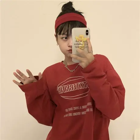 红续纯棉长袖T恤女简约字母印花百搭宽松oversize慵懒风上衣ins商品大图