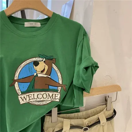 短袖t恤女2021夏季新款韩版ins潮卡通小棕熊印花宽松百搭套头上衣商品大图