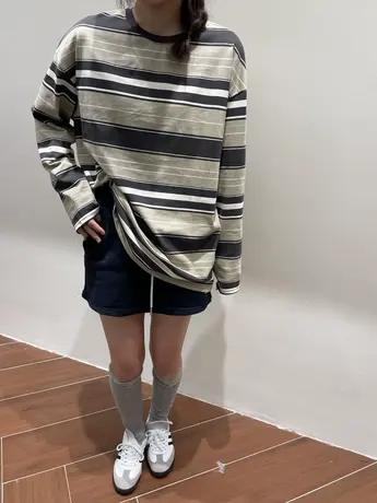 秋装新款韩版圆领条纹拼色宽松长袖T恤女百搭洋气打底衫上衣ins潮商品大图