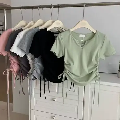 甜飒风V领正肩短袖T恤女夏季韩版修身显瘦小个子短款收腰系带上衣图片