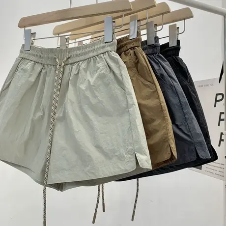 大码宽松韩版松紧腰阔腿短裤女夏季百搭洋气减龄褶皱感运动休闲裤商品大图