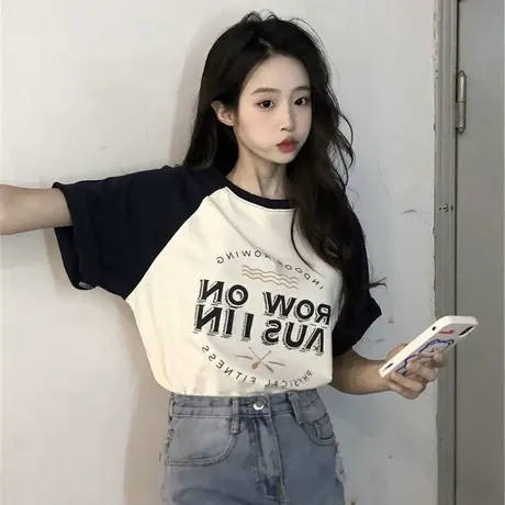 vintage古着大码港味chic纯棉短袖t恤女小众ins潮学生撞色上衣ins商品大图