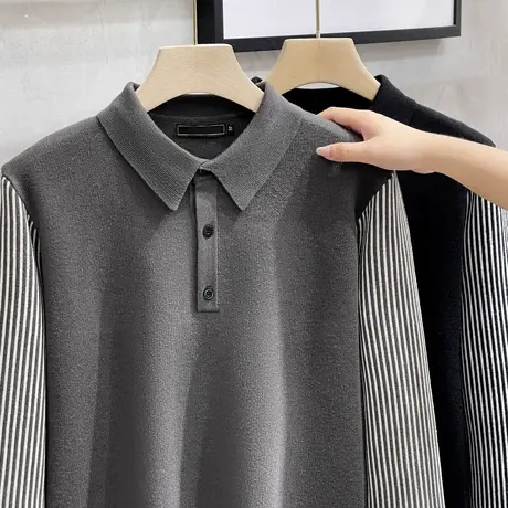 衬衫领毛衣男秋冬2023新款商务翻领条纹拼接潮流男士假两件针织衫商品大图