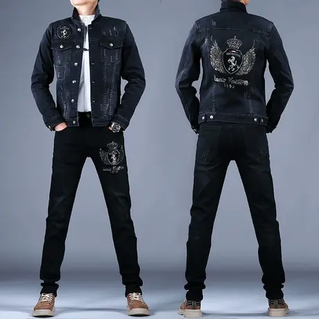 黑色烫钻牛仔套装男2023新款休闲牛仔外套上衣夹克秋冬薄弹力百搭图片