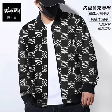 伟臣潮流大码男装格子加厚外套胖子加肥加大肥佬宽松棒球服上衣男商品大图