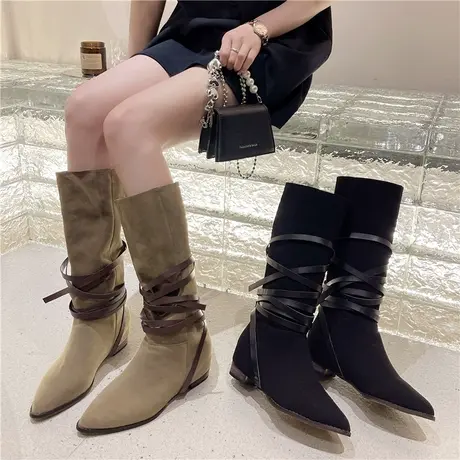 阿希哥同款2023新款秋冬绑带堆堆靴绒面皮高筒靴女尖头西部牛仔靴商品大图