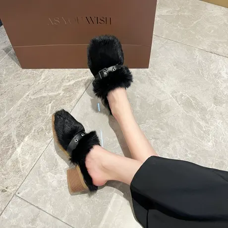 毛毛拖鞋女外穿2023秋冬新款兔毛半拖鞋穆勒鞋毛毛鞋居家棉拖鞋子商品大图