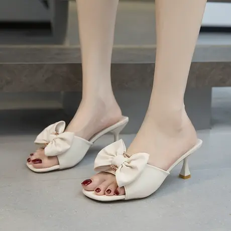 拖鞋女夏季百搭蝴蝶结高跟鞋细跟外穿一字凉拖仙女风凉鞋ins潮商品大图