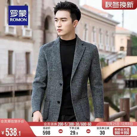 【含羊毛】罗蒙男士毛呢大衣2024春季简约格子双面呢短款西服外套图片
